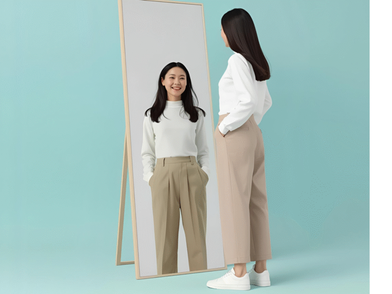 : “Person looking in the mirror, a calm scene of compete only with yourself self growth.