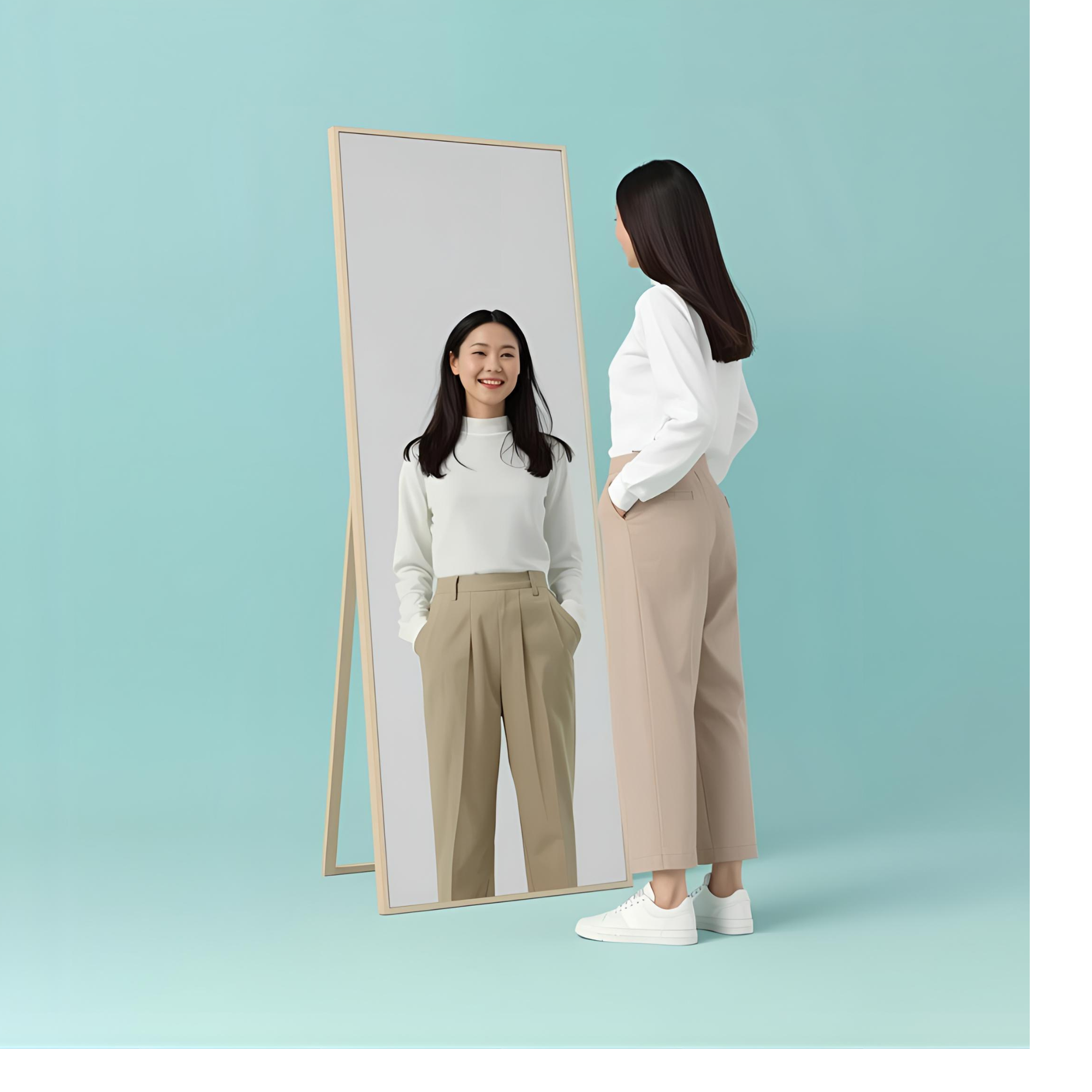 : “Person looking in the mirror, a calm scene of compete only with yourself self growth.