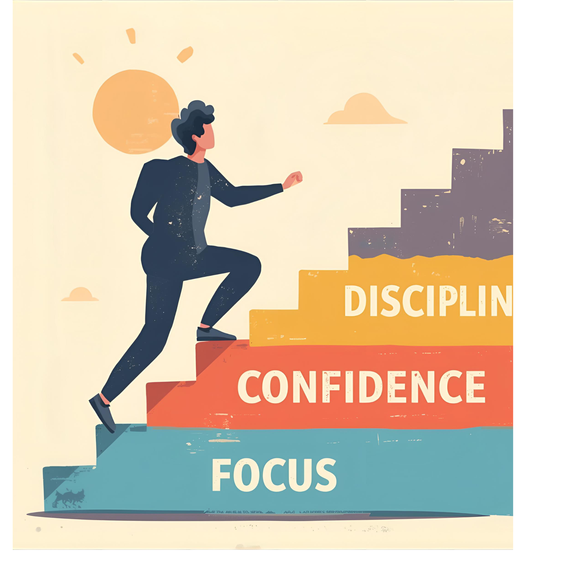 A man climbing a ladder with an inscription of focus, confidence and discipline for his personal development 