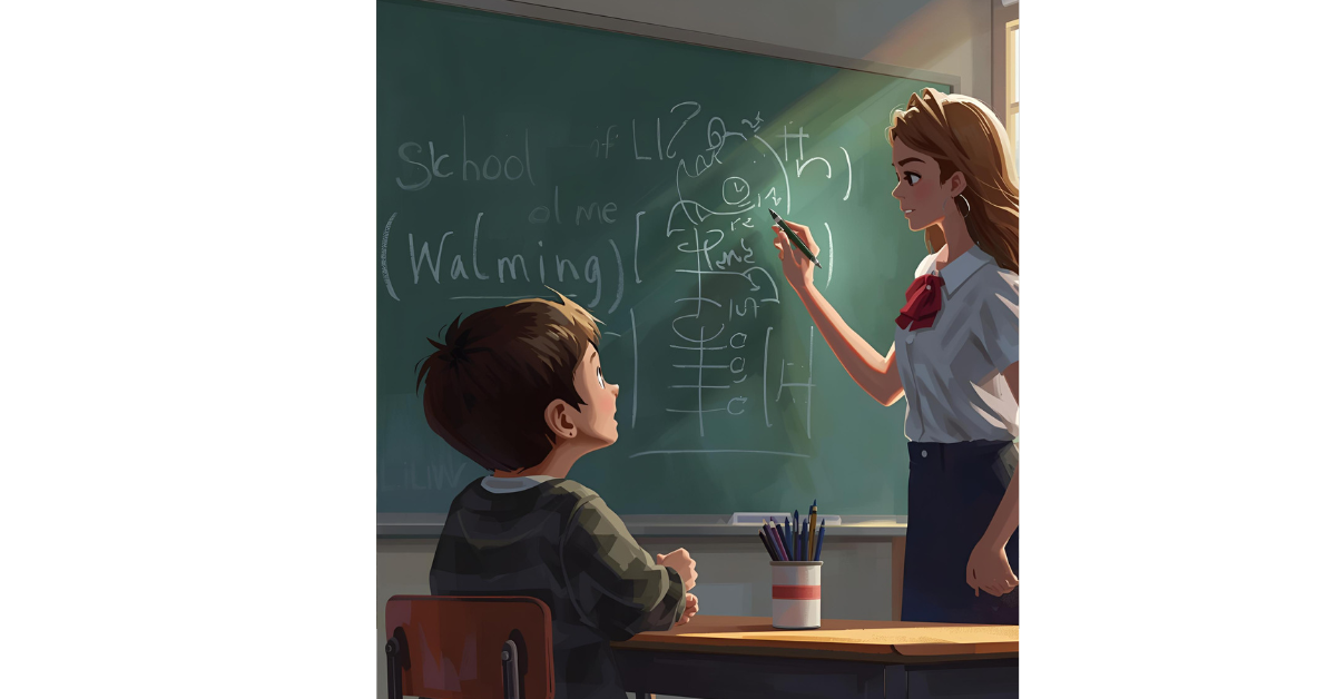 A boy watching his female teacher teach
