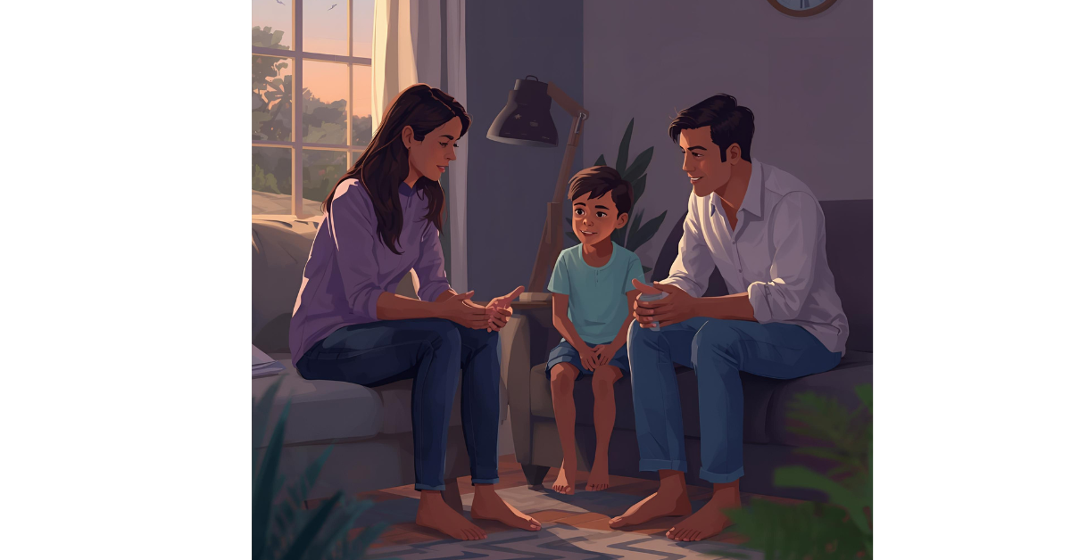 A happy family discussing