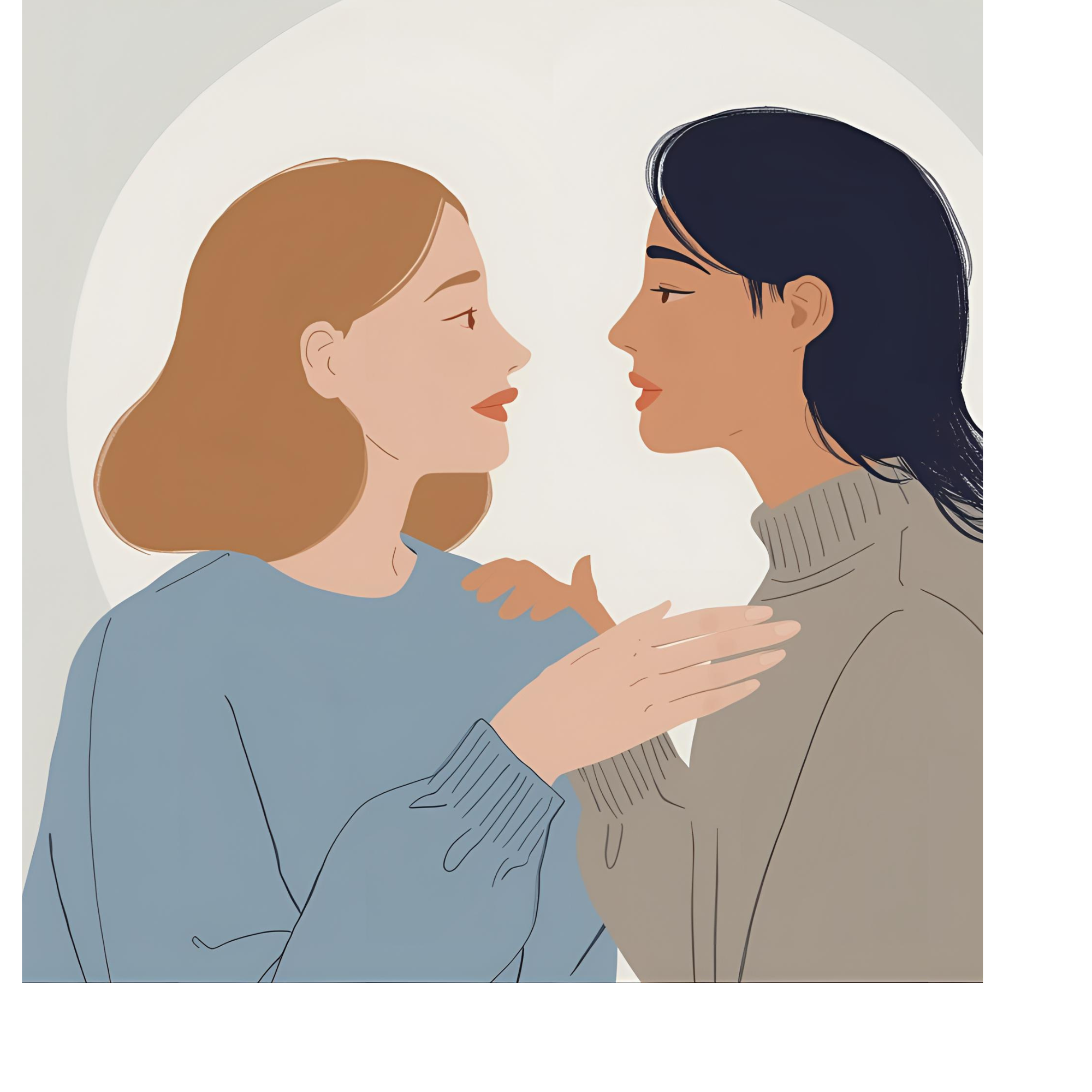 : "How to talk less and listen more: the hidden power of silence, shown through two people in conversation with one listening attentively.