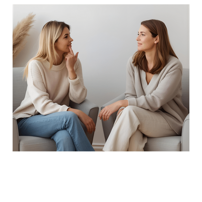 : "Two people in conversation, illustrating how to talk less and listen more: the hidden power of silence.
