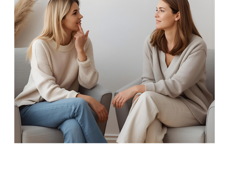 : "Two people in conversation, illustrating how to talk less and listen more: the hidden power of silence.