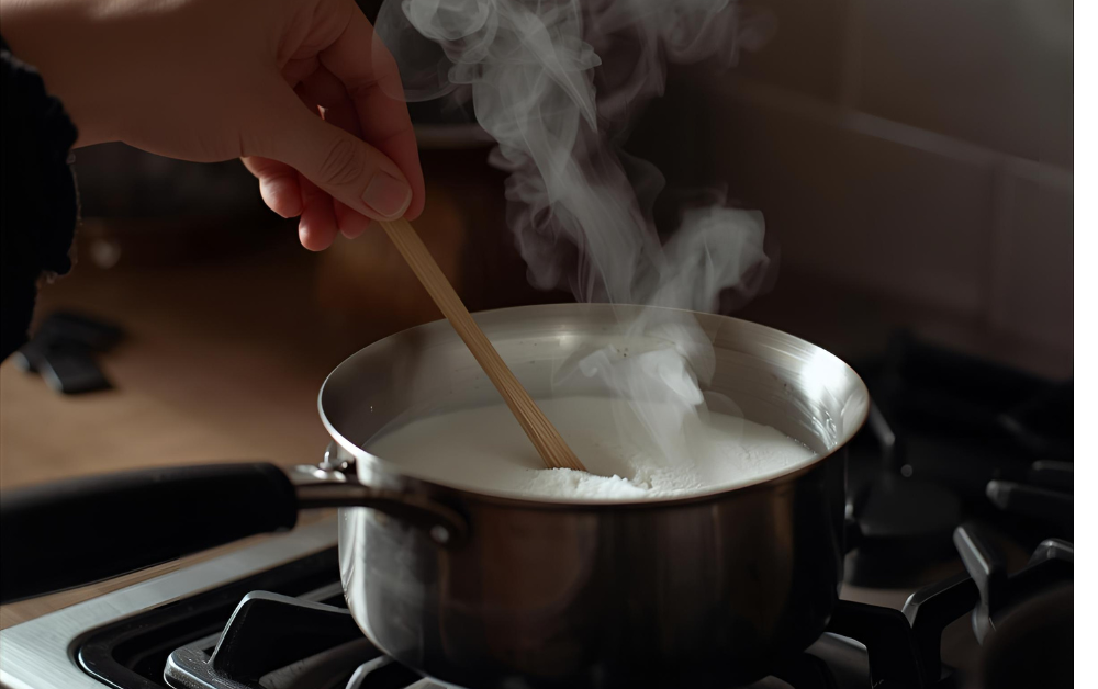 warming-the-milk-for-homemade-icecream-without-machine
