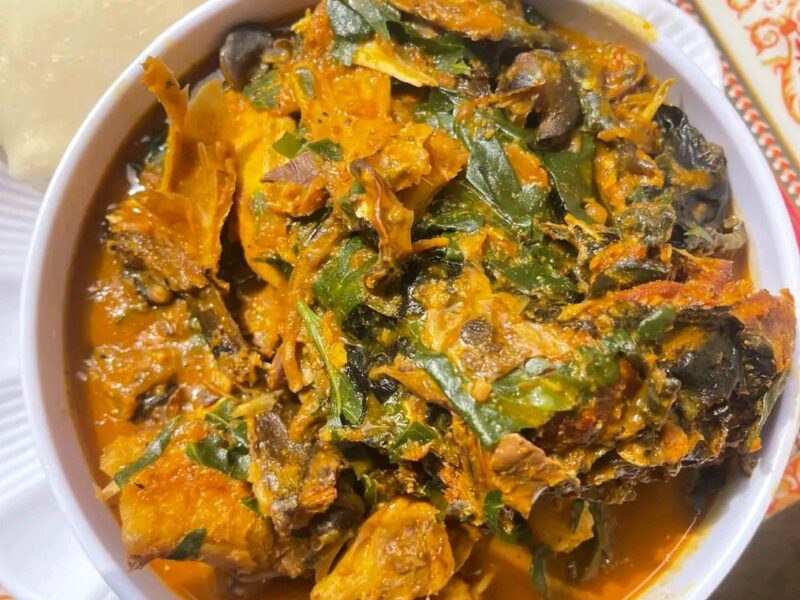 Uziza soup with palm fruit extract and ogiri