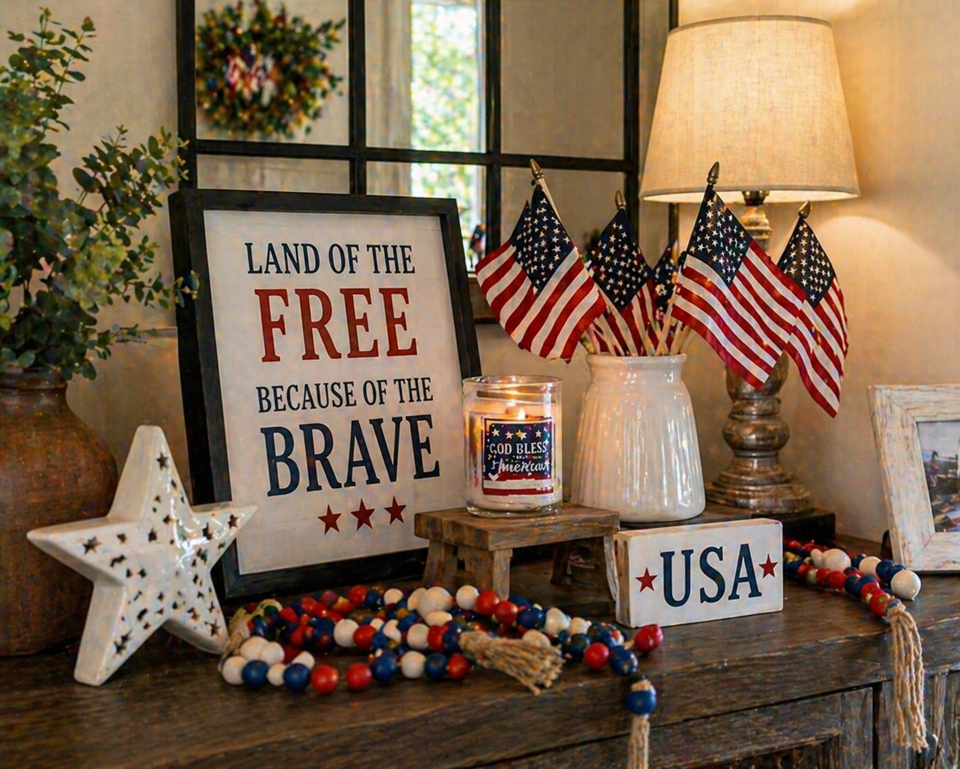  Rustic farmhouse 4th of July decor with wooden textures and patriotic colors