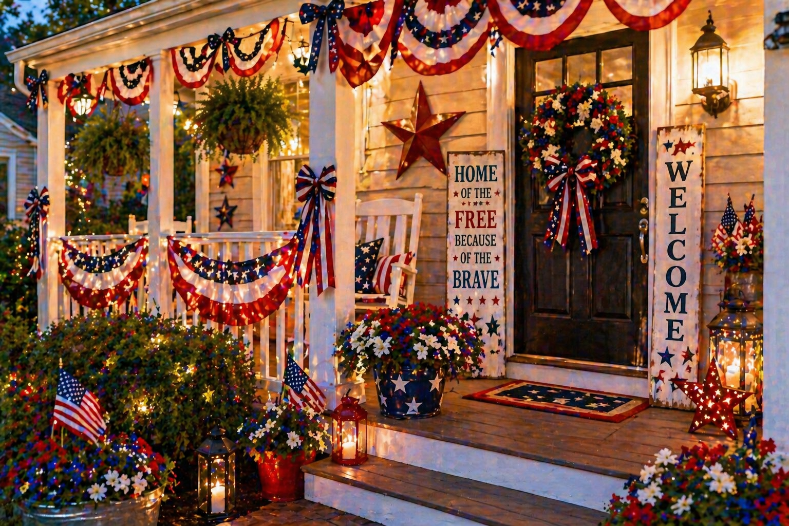 A decorated porch with cushions, plants, and patriotic accents creates a welcoming and stylish entrance