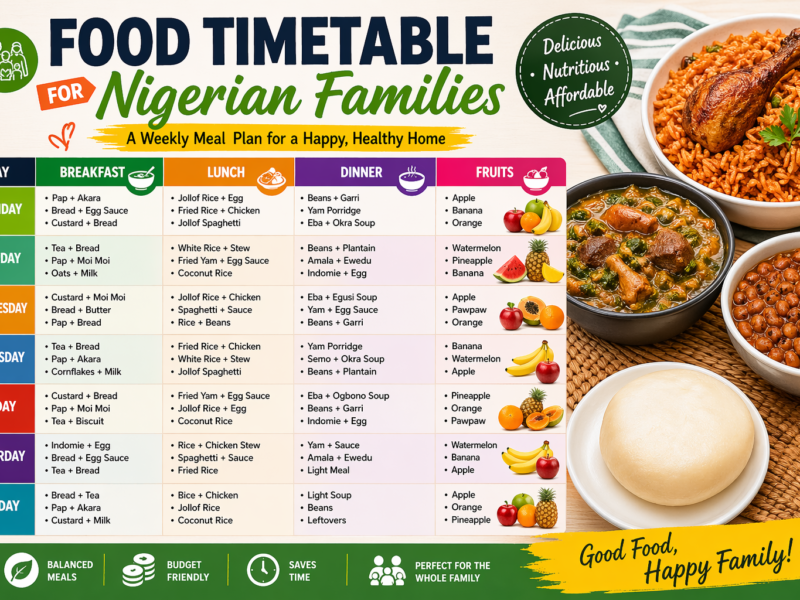 Food timetable for Nigerian families featuring a colorful weekly meal plan with breakfast, lunch, dinner, and fruits for each day.
