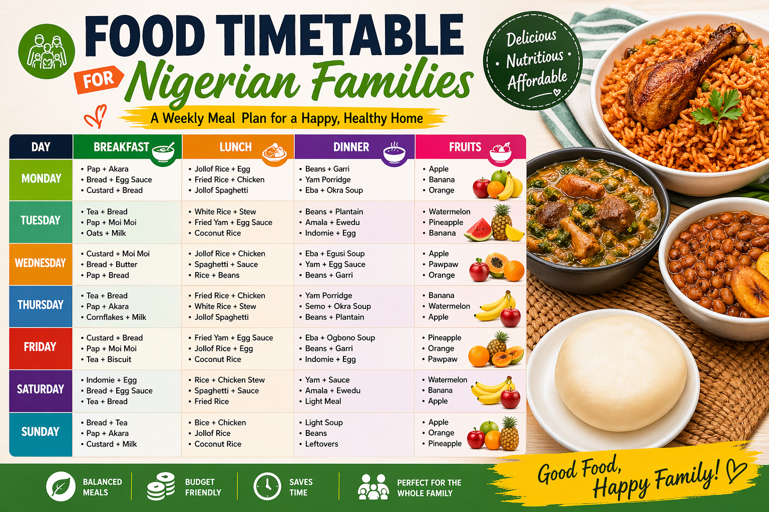 Food timetable for Nigerian families featuring a colorful weekly meal plan with breakfast, lunch, dinner, and fruits for each day.