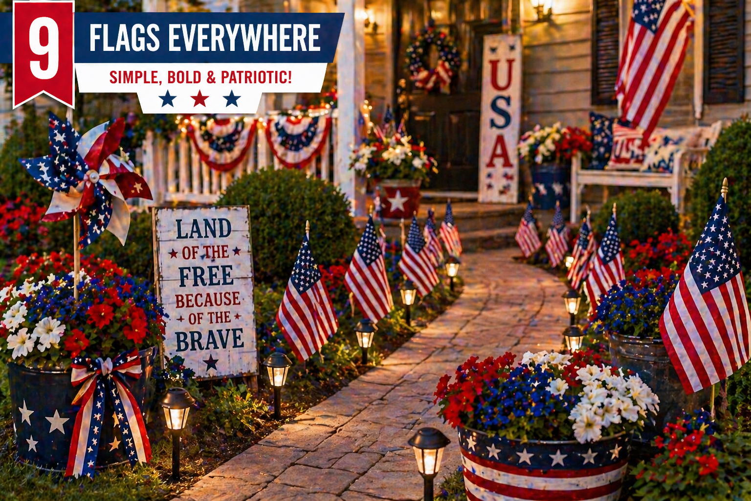 American flags displayed in home and yard for 4th of July decor