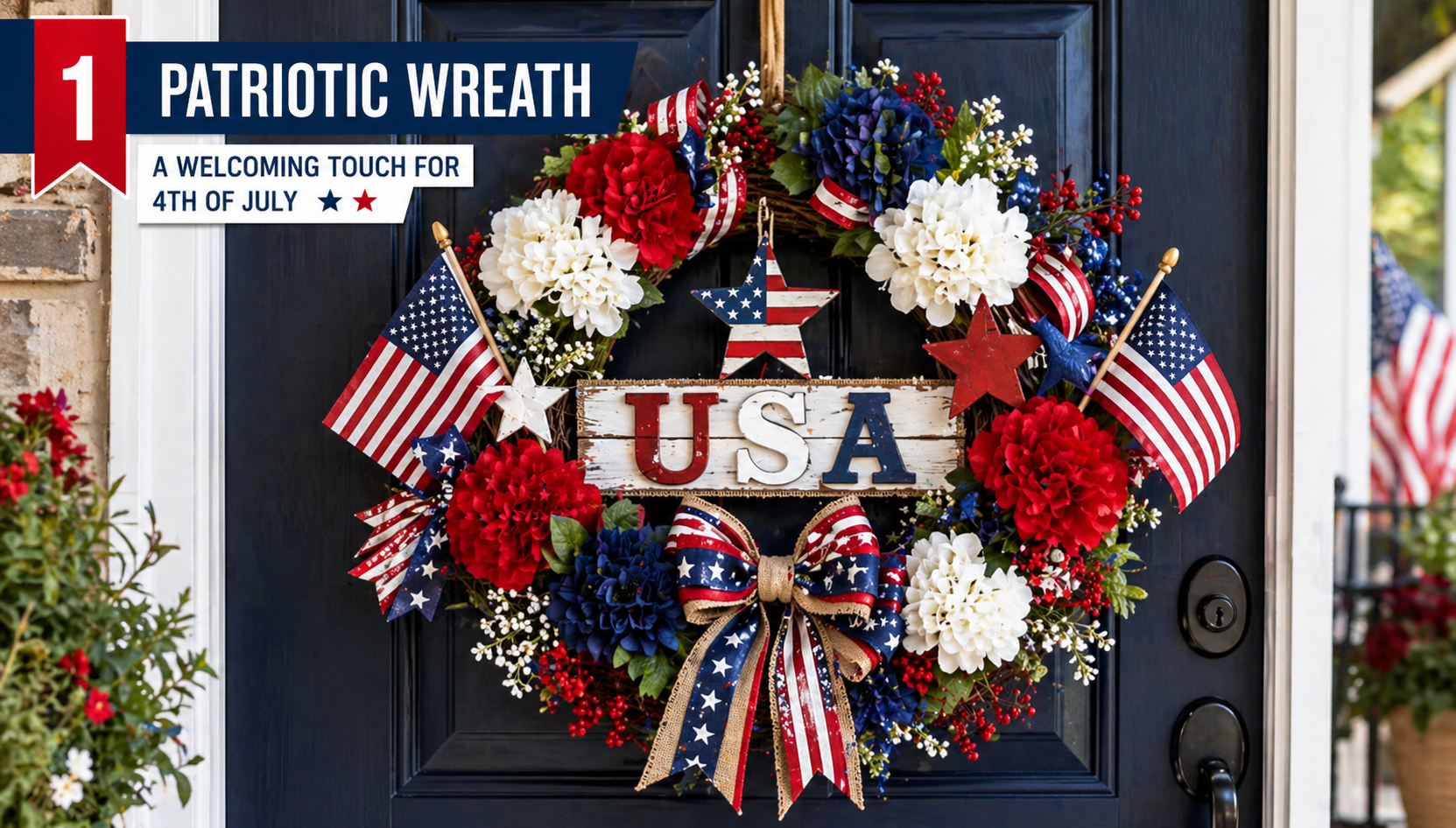 Patriotic 4th of July wreath with red white and blue decorations on front door