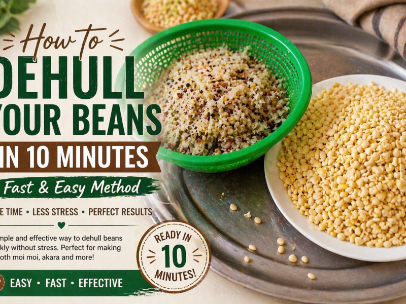 Dehulled beans in a white plate beside a green bowl of bean husks on a metal tray, showing before and after process of removing bean skins.