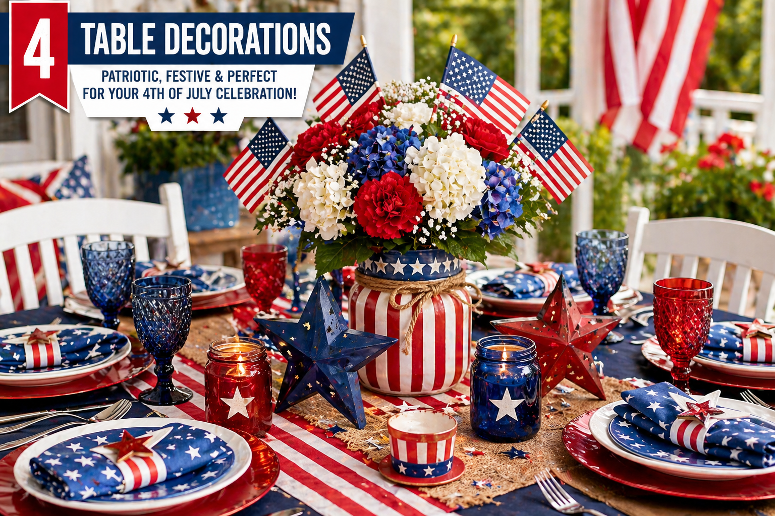 4th of July table decorations with patriotic plates napkins and centerpiece