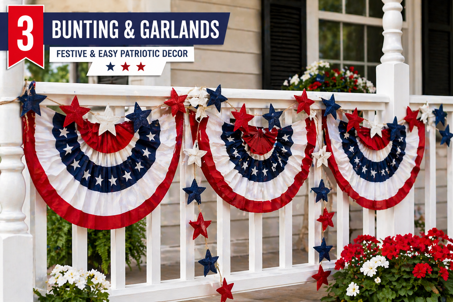 Red white and blue bunting garlands decorating porch for Independence Day