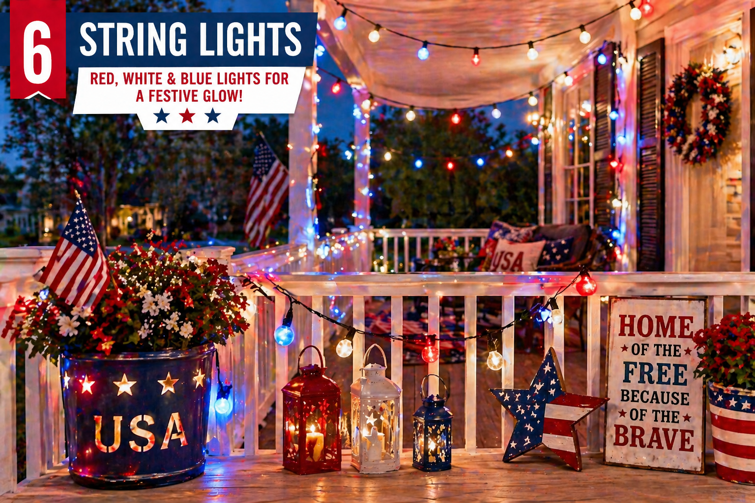 Outdoor patriotic string lights decorating porch for 4th of July celebration