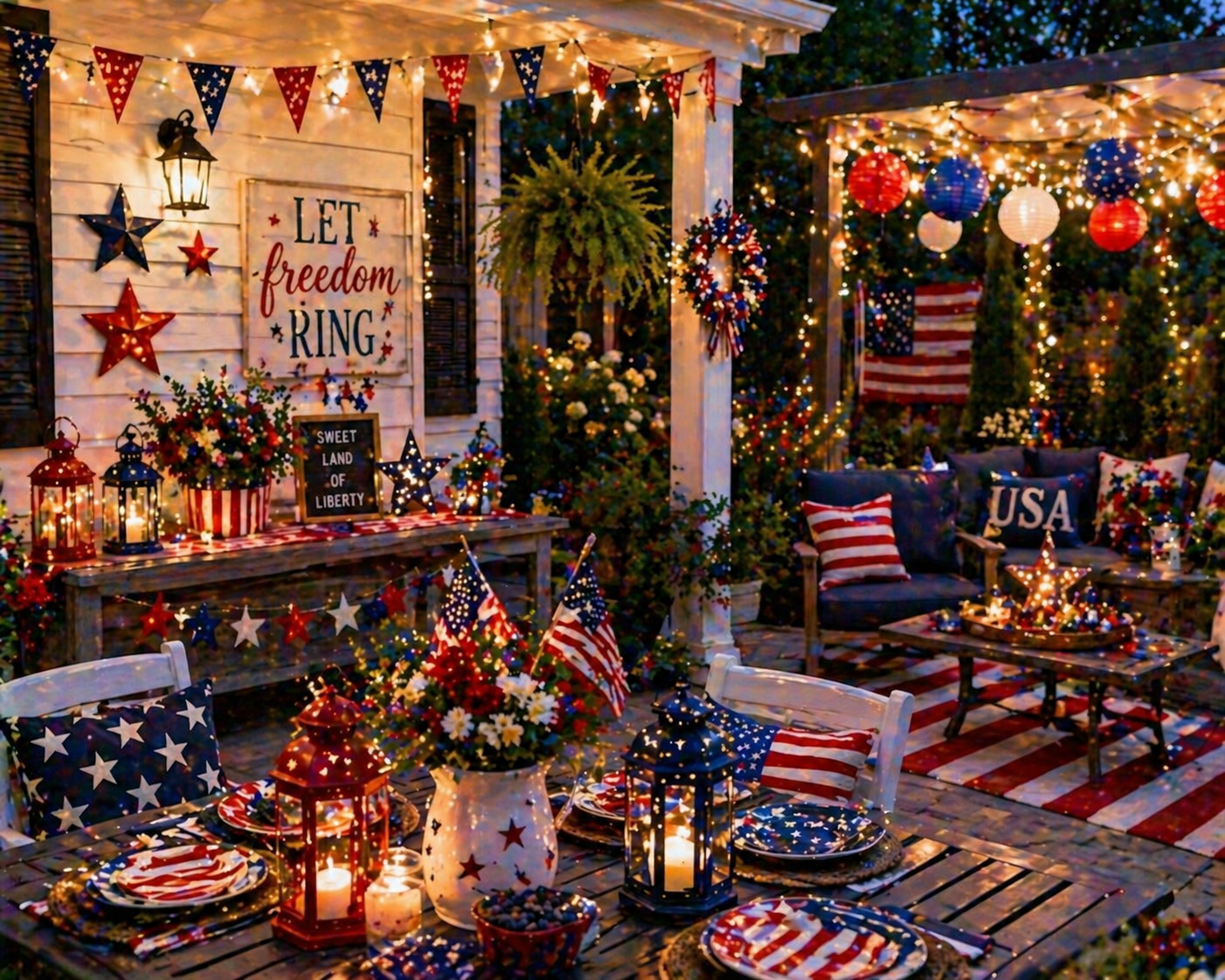  Living room decorated with patriotic pillows and 4th of July accents