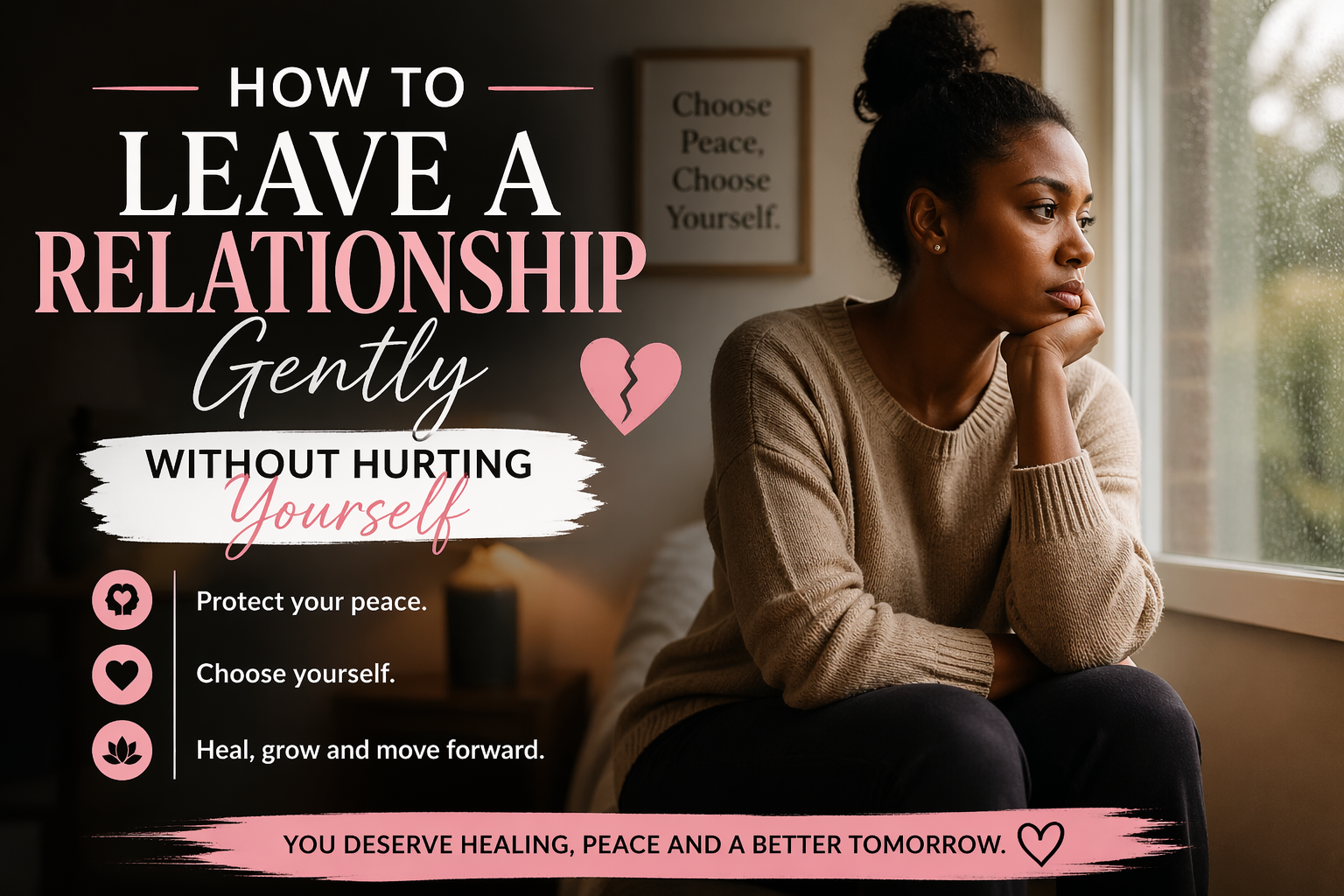 How to leave a relationship gently without hurting yourself, thoughtful woman sitting by a window in a calm, reflective mood