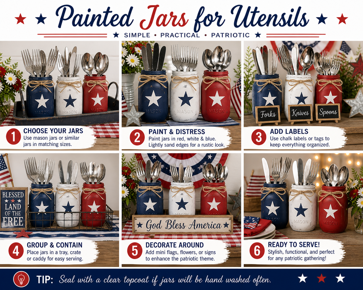 Painted jars for utensils in 21 DIY memorial day decor