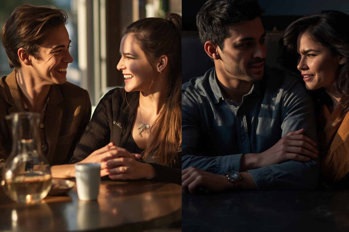 image showing a happy couple communicating on one side and a couple arguing on the other